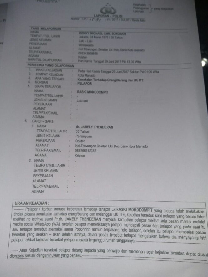 
Laporan Polisi, Donny Sondakh terhadap Raski
