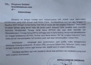 Ini Surat Hak Jawab Kantor Imigrasi ke Redaksi Kronik Totabuan   