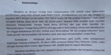 Ini Surat Hak Jawab Kantor Imigrasi ke Redaksi Kronik Totabuan   