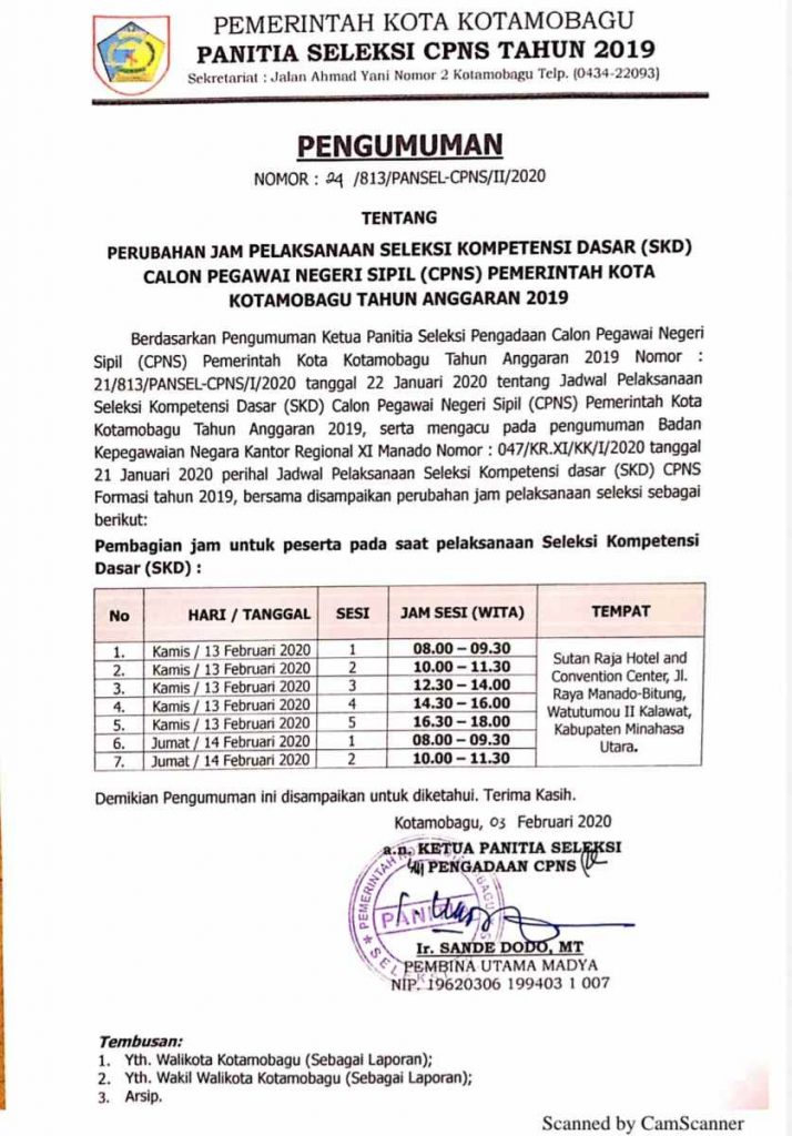 Surat Pengumuman Pansel terkait perubahan jadwal tes SKD CPNS Kotamobagu