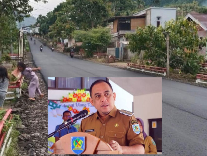 
Jalan di Desa Tungoi mulus setelah diperbaiki Pemkab Bolaang Mongondow (insert: Bupati Yusra Alhabsyi).