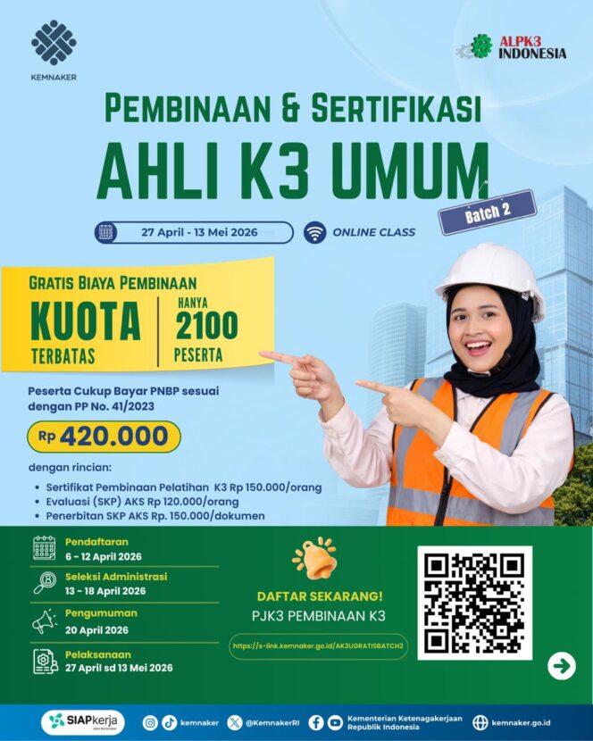 
					Kemnaker Buka Lagi Pembinaan K3 Gratis untuk 2.100 Peserta, Lihat Jadwal dan Syarat di Sini!
